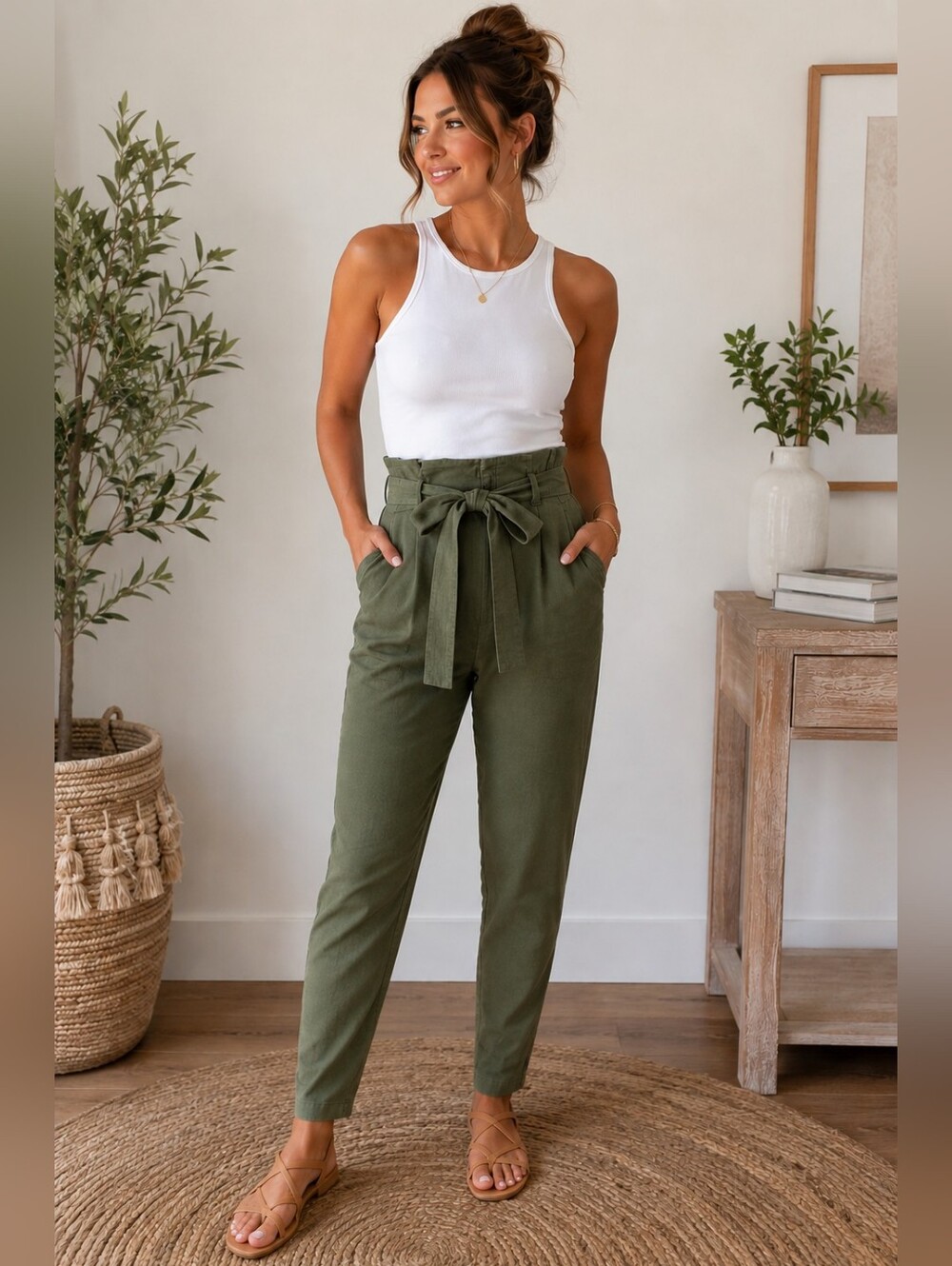 Stylish olive green paperbag waist pants by OFF 34TH women’s size 8